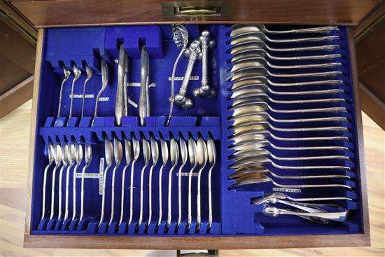 An extensive Victorian canteen of Albany pattern plated flatware, in a fitted mahogany box